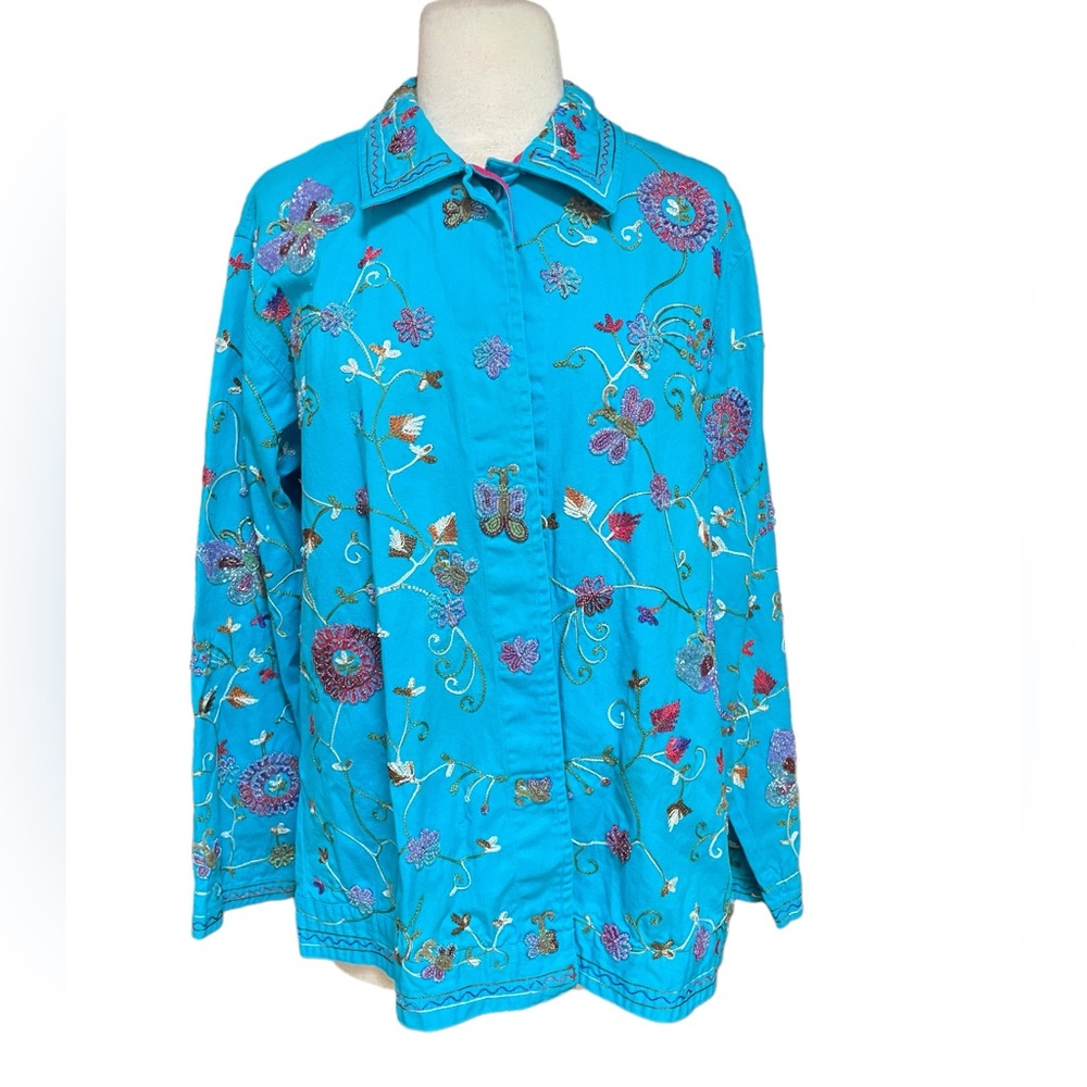 The Quaker Factory Beaded‎ & Embroidered Floral & Butterfly Button Down Jacket